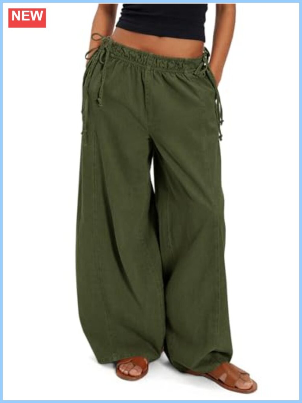 Womens Wide Leg Pants Casual Low Rise Baggy Drawstring Cotton